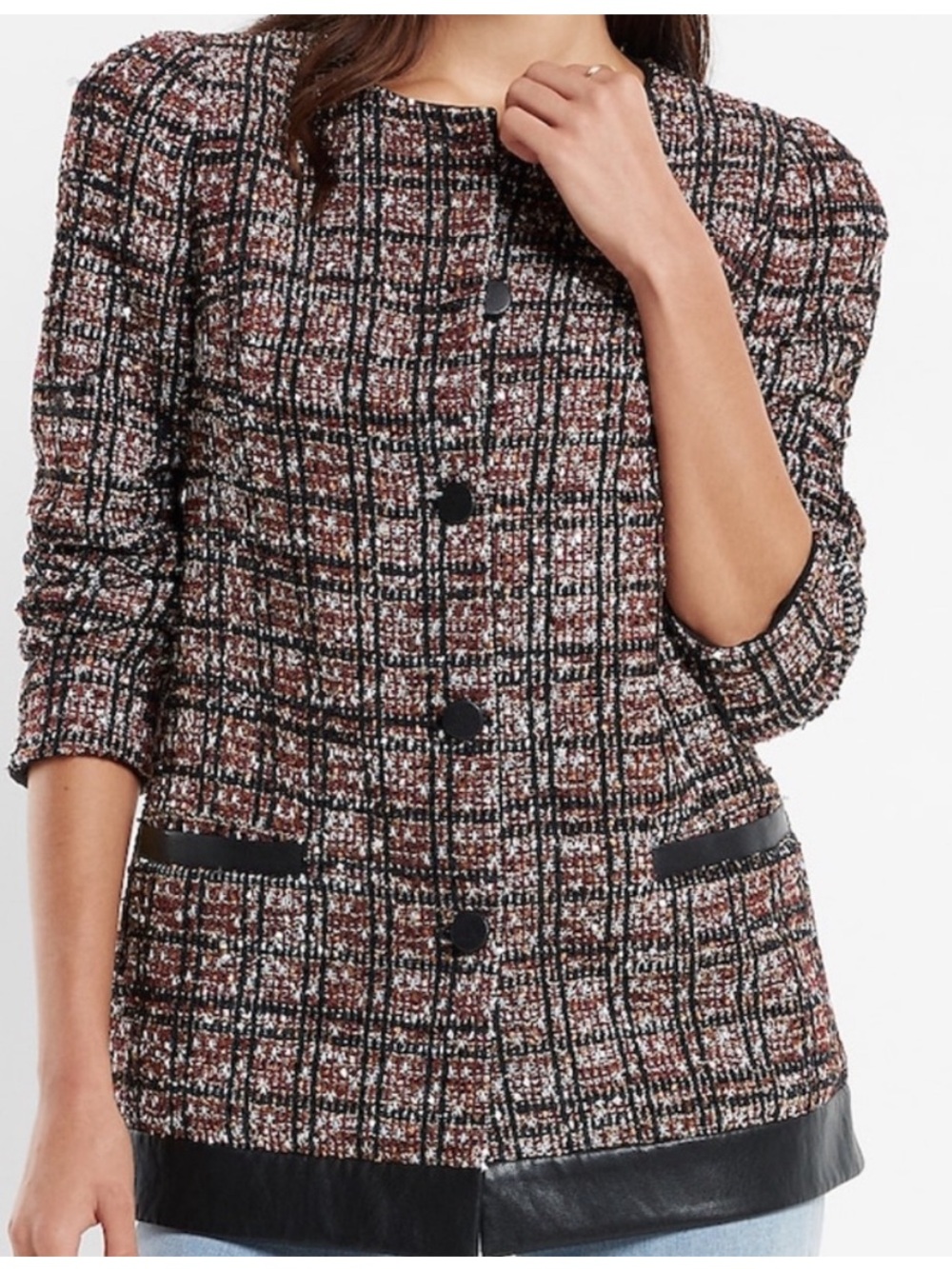 Express Plaid Metallic Tweed Blazer with Black Faux-Leather Trim